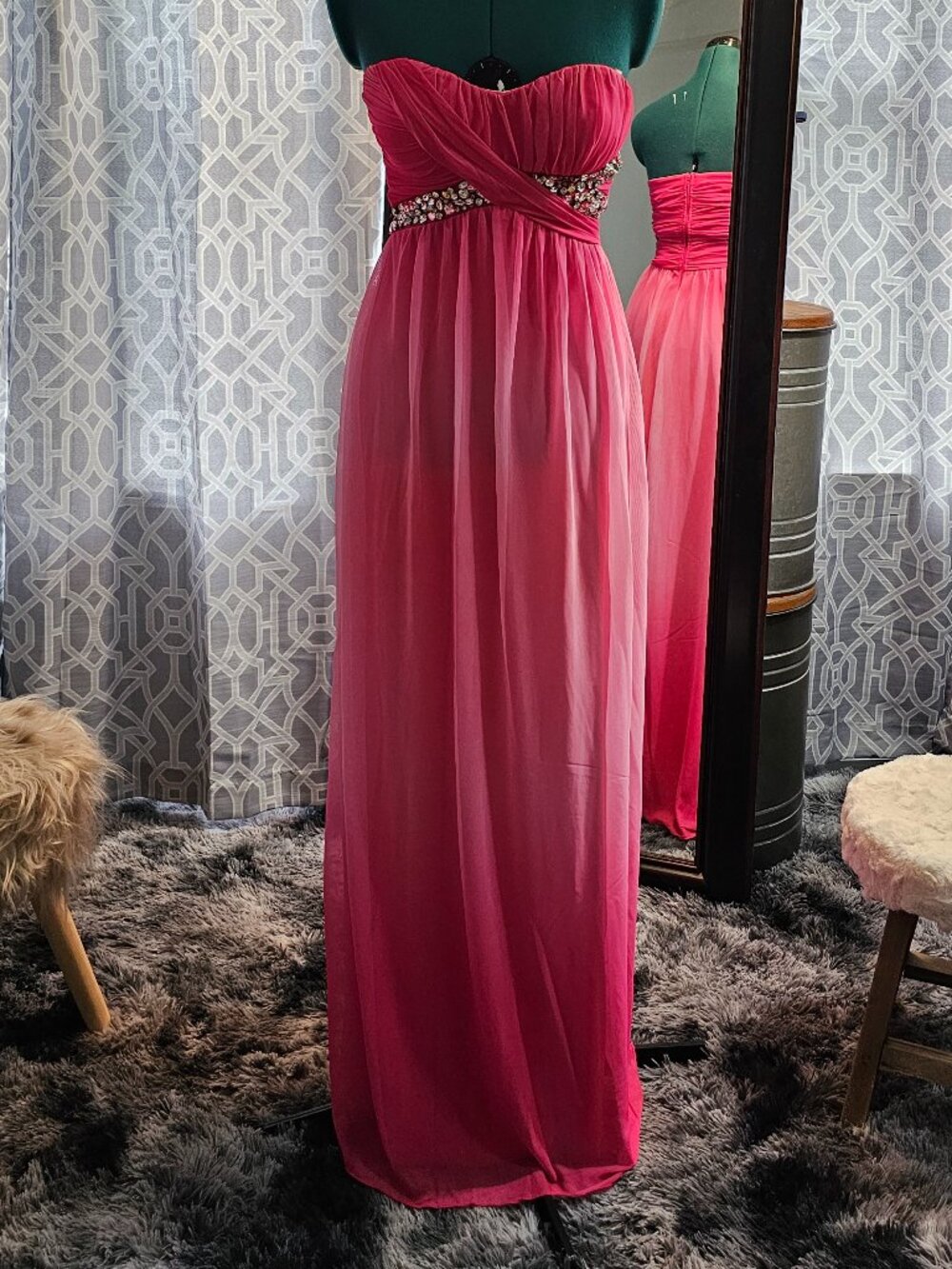 Way‑In Hot Pink Sweetheart Gown – Juniors 1 – Rhinestone Empire Waist